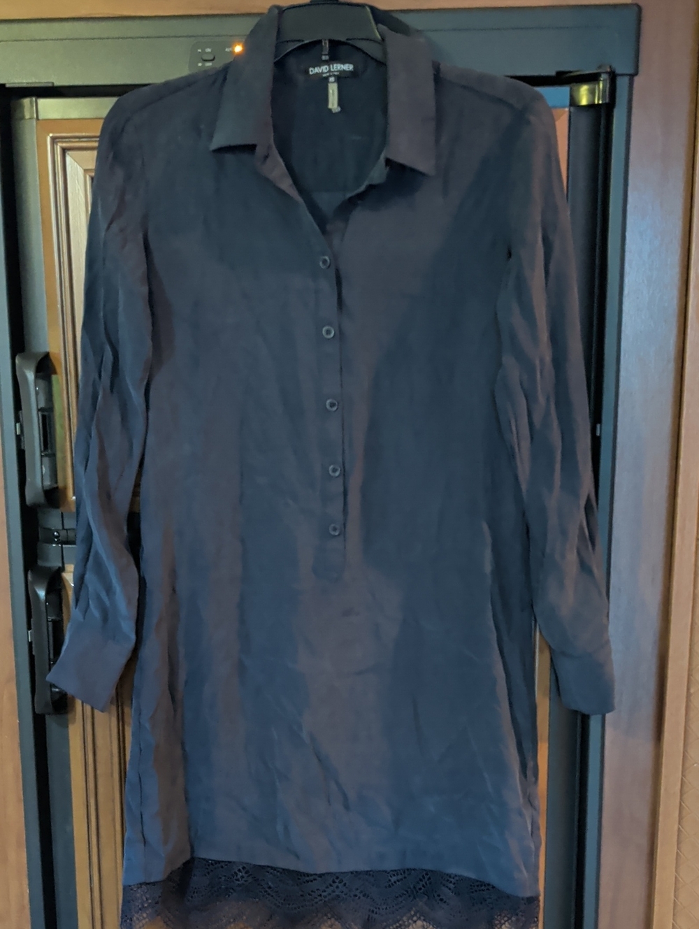 David Lerner Silk Navy Long-Sleeve Shirt Dress with Lace Hem